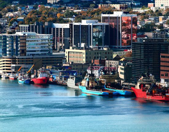 Colorful ships docked along an urban waterfront with tall buildings and trees in the background.