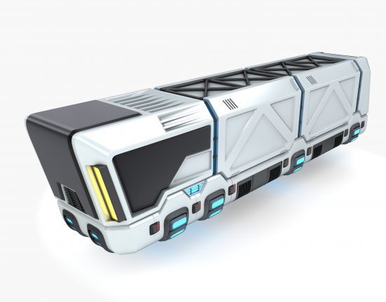 Futuristic rectangular cargo container with a metallic exterior, featuring geometric designs, vents, and blue glowing elements.