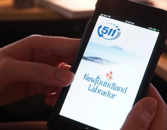 Person holding a smartphone displaying the 511 Newfoundland Labrador app on the screen.